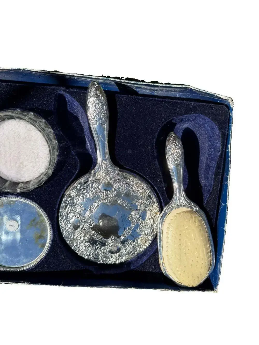 Vntg”Never Used”SilverPlated HandMirror Hair Brush Comb & Powder Jar Vanity Set